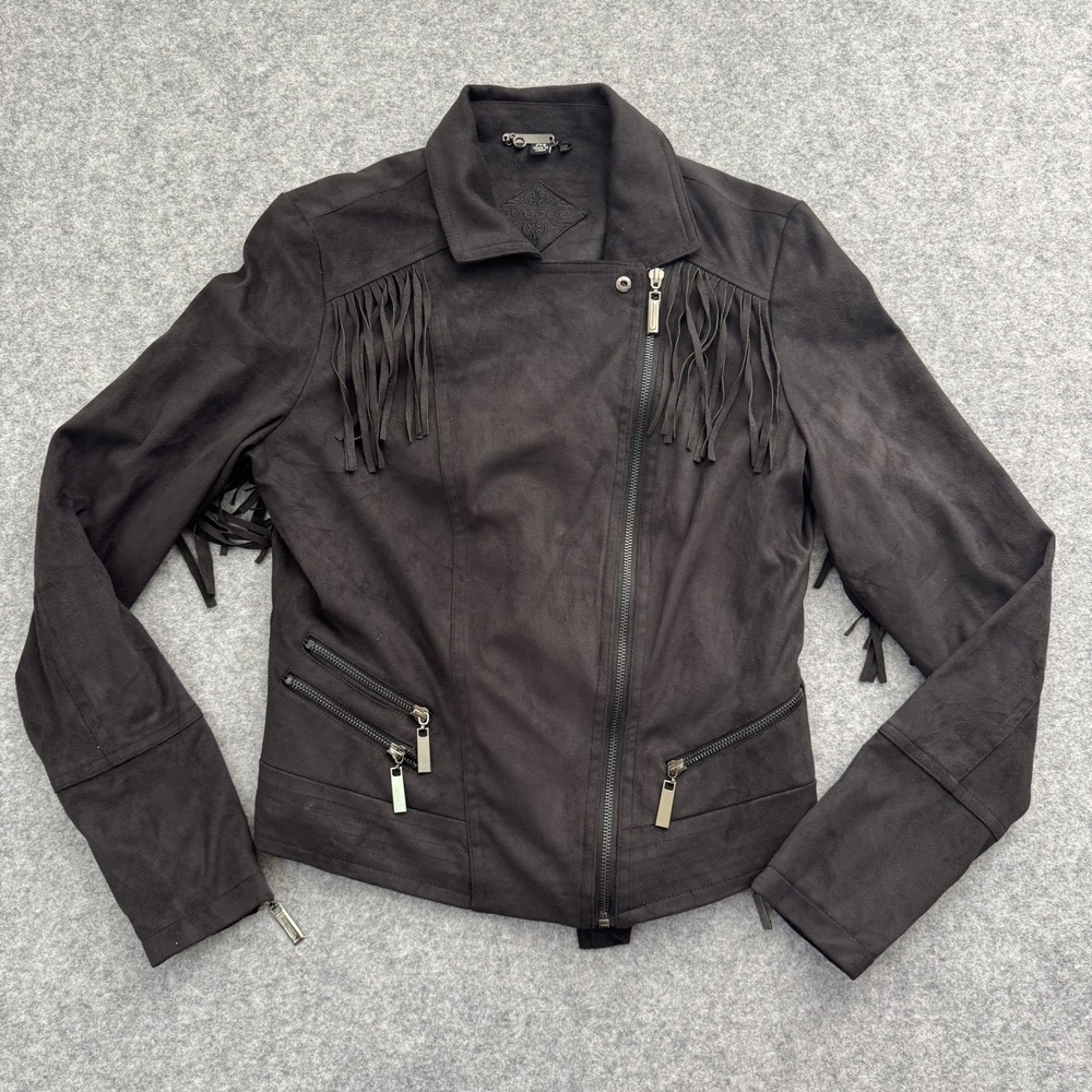 JOU JOU BOUTIQUE BLACK FAUX SUEDE FRINGE MOTO JACKET SZ M